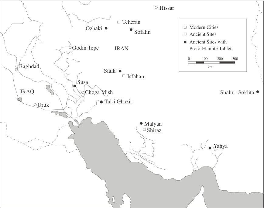 |Map of Iranian sites with early writing