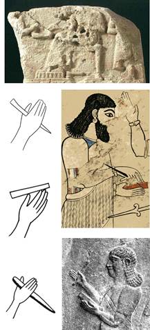 Representations of styli for cuneiform script on clay tablets. Detail from the limestone stela VA 7245, possibly dating to the Ur III period, from the mural painting of Til Barsip, ascribed to Šalmaneser V (modern copy), and from Neo-Assyrian reliefs.