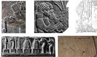 : Depictions of scribes writing cuneiform on waxed boards, found in Neo-Assyrian reliefs. When the scribes face left, the ‘inner’ side of the stylus is visible, showing a groove; otherwise the ‘outer’ side is displayed, showing a horizontal band in the middle. The right-angled shape of the writing tip leaves no doubt that these styli were meant for the cuneiform script. The ‘grooved’ stylus as symbol of Nabu, appearing on kudurrus, stelae, and seals.