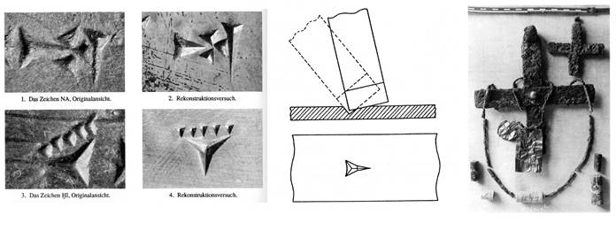 The writing technique used for the bronze cross VA 5379, as reconstructed by G. Jendritzki.